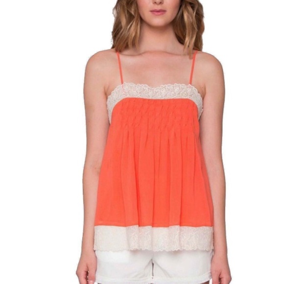 $98 Willow & Clay Circled in Lace Cami Top Large Orange Smocked Lace Tank Lined - Picture 3 of 14